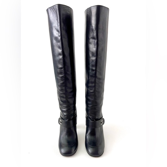 CHANEL | Black Leather Knee High Heel Boots CC Logo Turnlock EU 37 - Picture 3 of 15